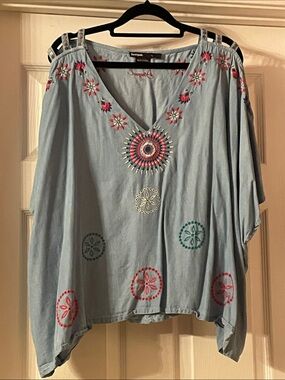 Desigual Light Blue Cold-Shoulder Embroidered V-Neck Tunic